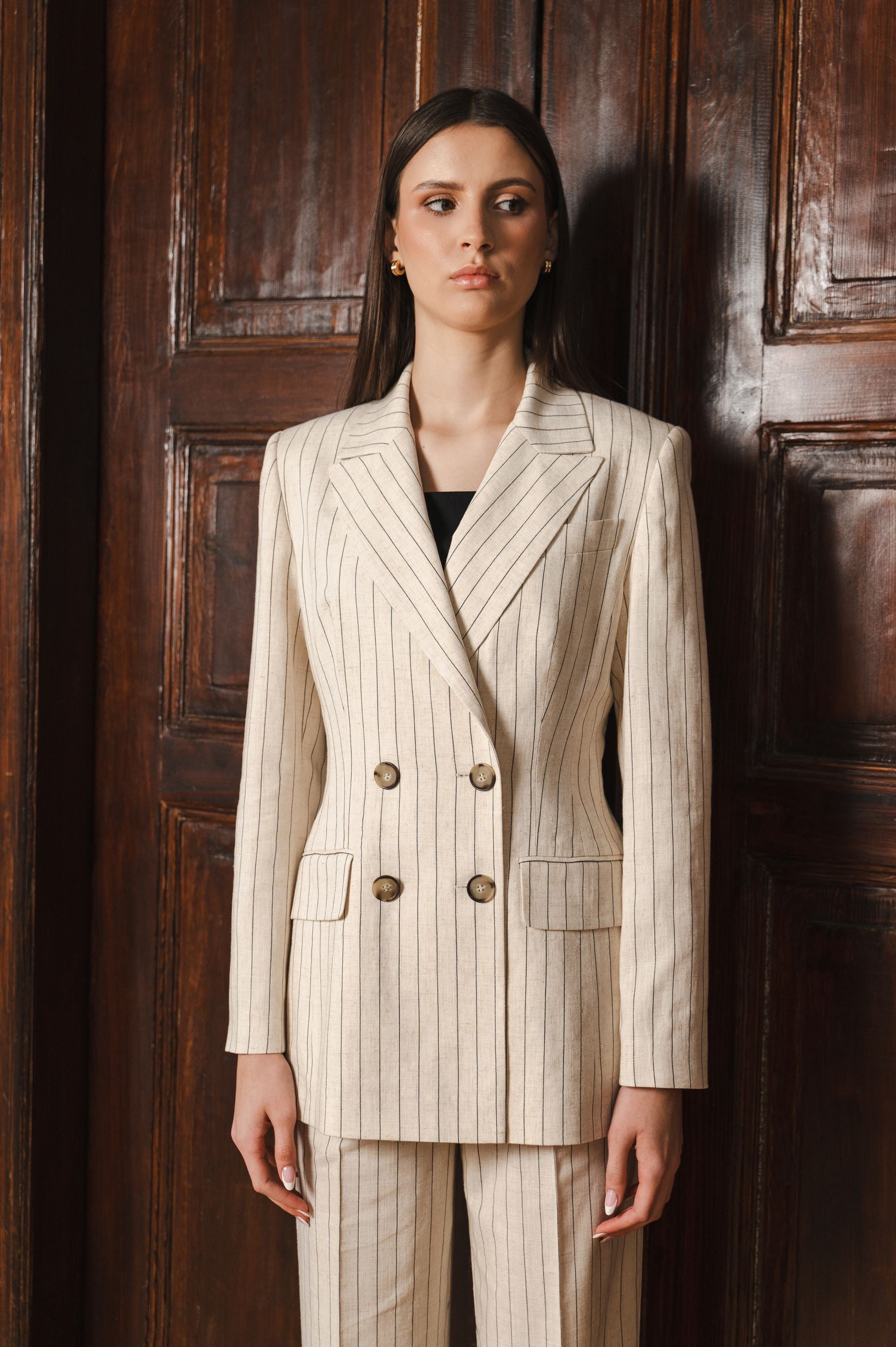Elegant "Beige Stripe Sophistication" Jacket