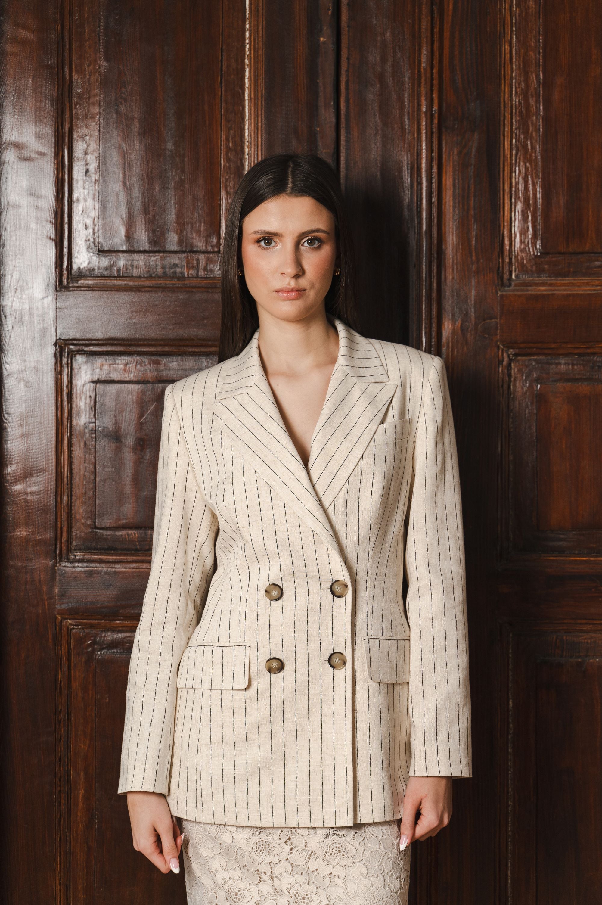 Elegant "Beige Stripe Sophistication" Jacket