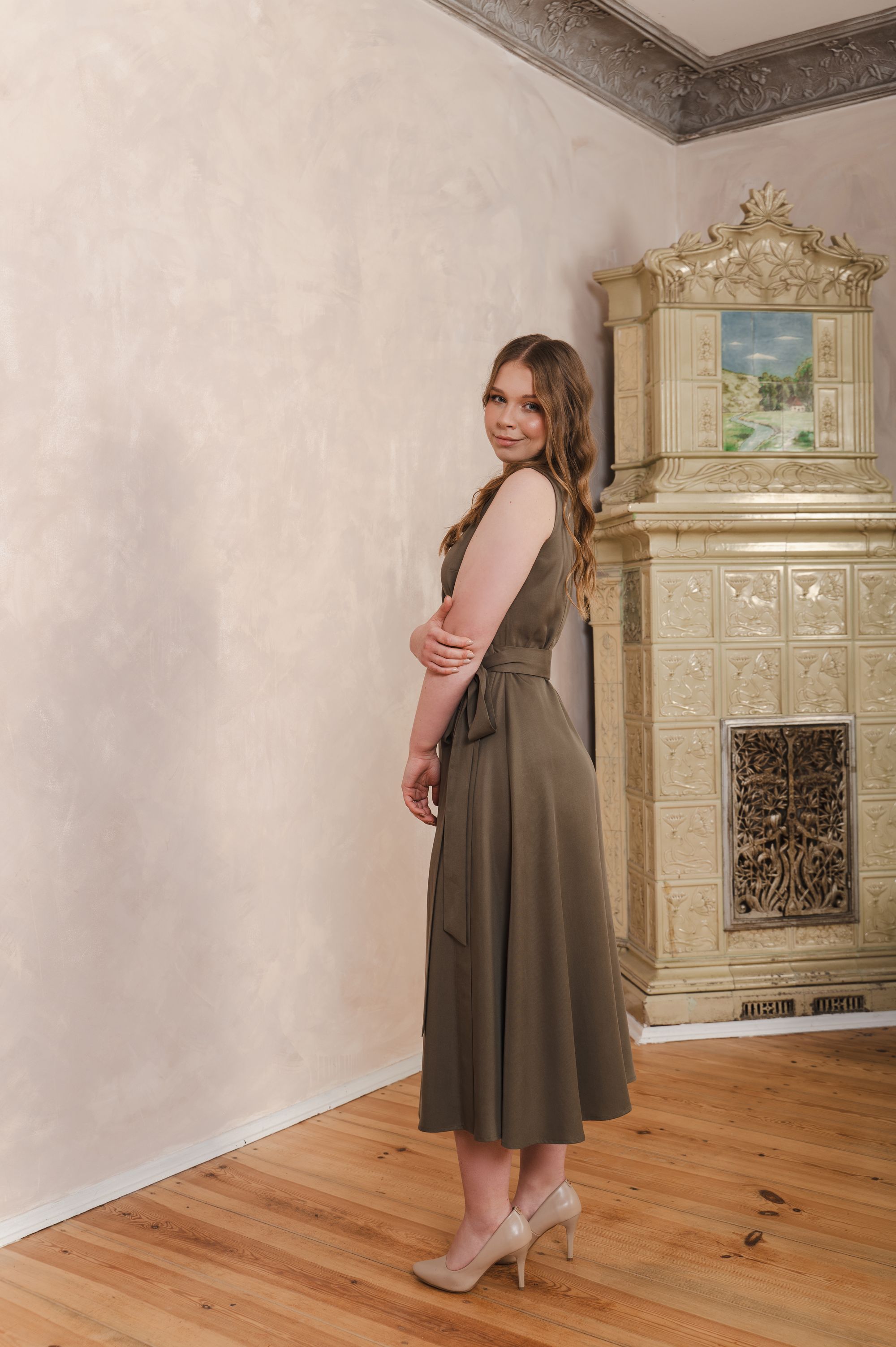 'Elegant Aura' dress in khaki