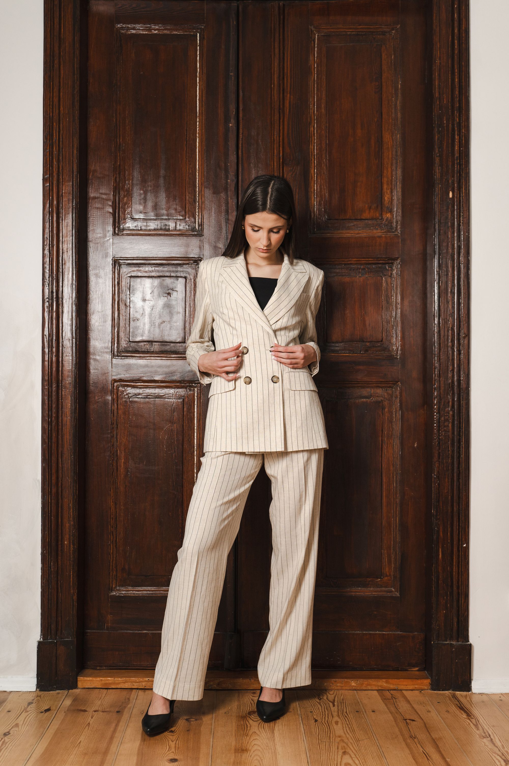 Elegant "Beige Stripe Sophistication" Jacket